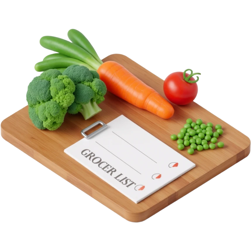 3D isometric illustration of a wooden cutting board with fresh vegetables (carrot, broccoli, tomato, peas), a paper grocery list with checkboxes, soft lighting, realistic textures, floating shadows, minimalistic style, dark background, modern food planning app aesthetic emoji