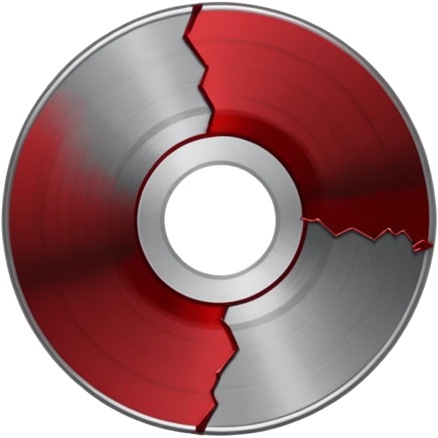 Minimalist emoji-style sticker of a single CD with a sharp crack and a dried blood spot. View from above, black, gray, and muted red.
 emoji