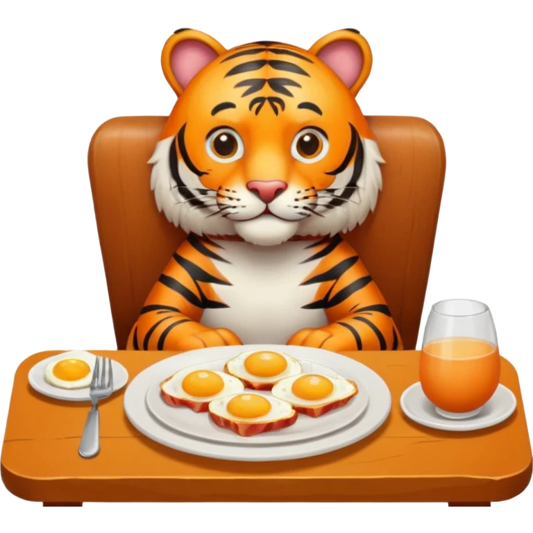 Tiger sitting by a table on a chair with a plate of eggs and bacon in front of him on the table   emoji