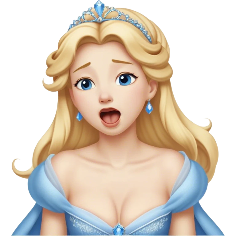 Cinematic Realistic Yawning Cinderella Portrait, showcasing lifelike porcelain skin and intricately detailed golden-blonde hair styled flawlessly as she mid-yawn reveals a moment of tender vulnerability. Her half-closed blue eyes and relaxed expression are rendered with natural, soft lighting that emphasizes the subtle textures of her face and the detailed, flowing fabric of her iconic gown. The scene glows with a cozy, authentic warmth that captures a rare, intimate moment of repose. emoji