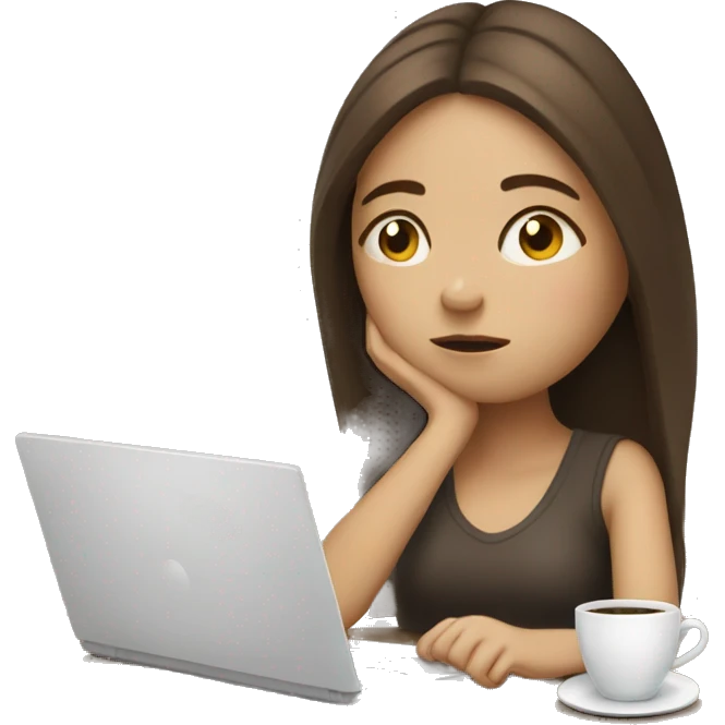 tired girl with laptop drinking a lot of coffee emoji