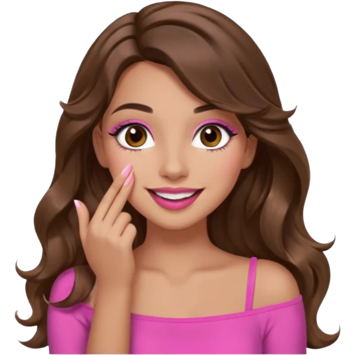 girl with long wavy brown hair, brown eyes, long lashes makeup, pink lips, light to medium complexion, pink sexy top, smiling, hand covering mouth emoji