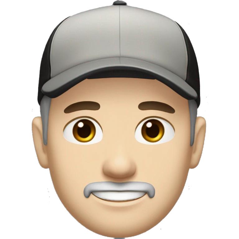 An adult pale skin male with stubble and a slightly gray beard, brown hair, black eyes, wearing a black Reebok cap with a round emblem on his head, and a black sweater with three white stripes on the sleeves underneath. emoji
