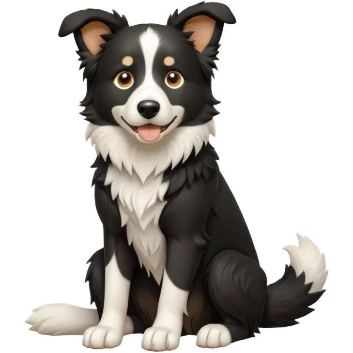 cinematic-[border collie dog]-realistic-full-body-sitting-emoji,-tail-resting-loosely-beside-its-paws,-head-tilted-dramatically,-scruffy-[black and white]-fur,-simplified-yet-realistic-focused-features,-highly-detailed,-glowing-with-an-almost-sarcastic-glow emoji