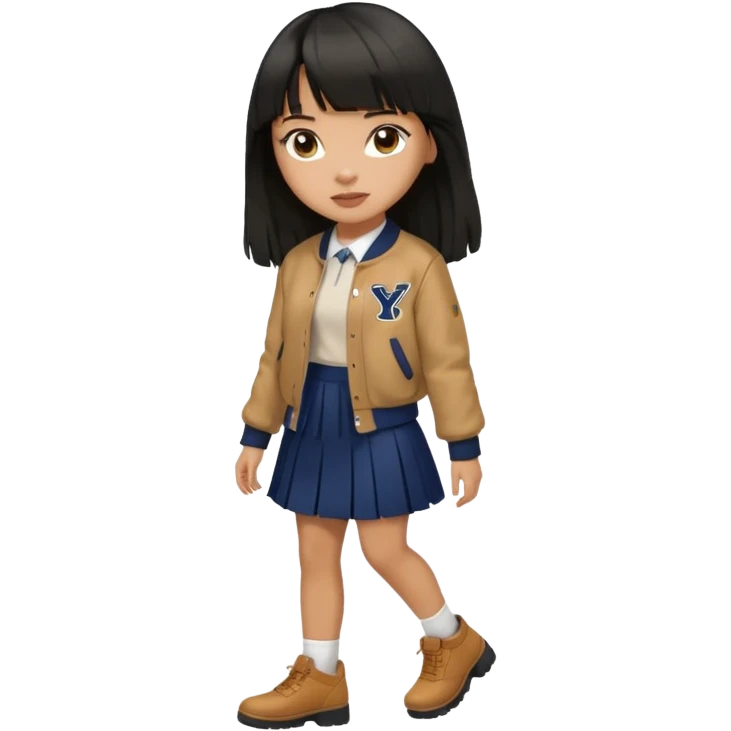 black color long hair with fringe, light skin long hair girl with brown varsity jacket,  navy long long skirt walking

 emoji