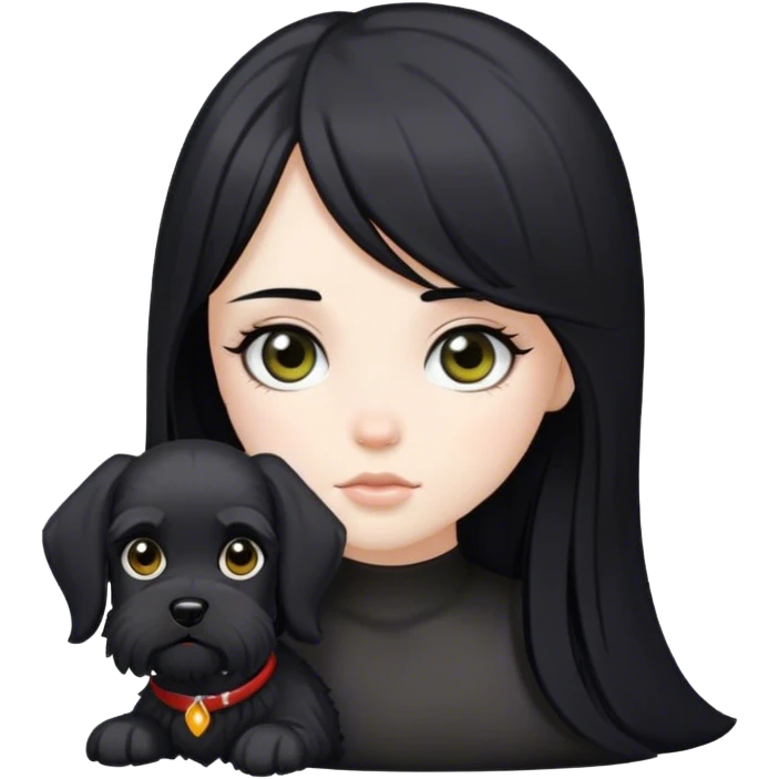 pale girl with light eyes and long black hair and black schnauzer emoji