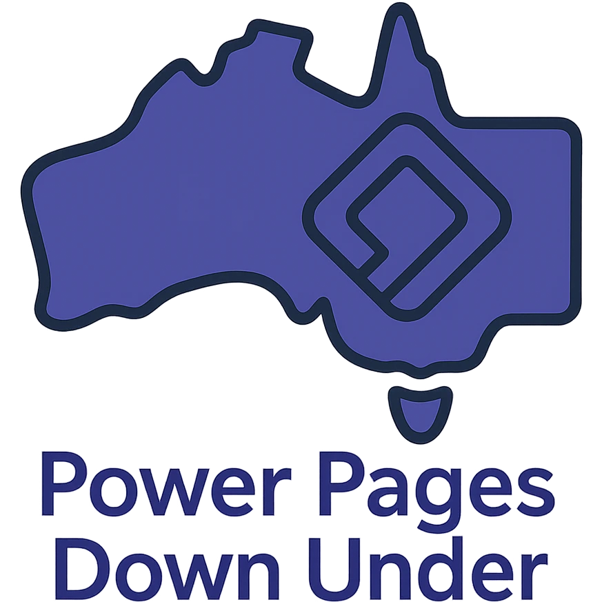 Update the text to 'Power Pages Down Under' in the same clean, modern font style below the map of Australia with the official Microsoft Power Pages icon overlay. Use #403DAD as the main color, no digital web overlay emoji