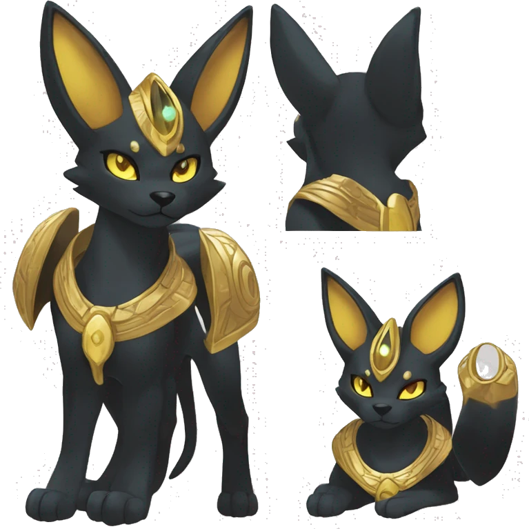 Black godly overpowered ethereal majestic Egyptian Umbreon-Lucario-Litten-Cat-Fakemon. Golden Anubis-Rings and yellow ring-markings. Full body emoji