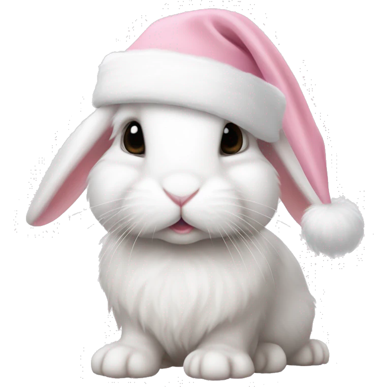 White mini lop rabbit in a light pink Santa hat emoji