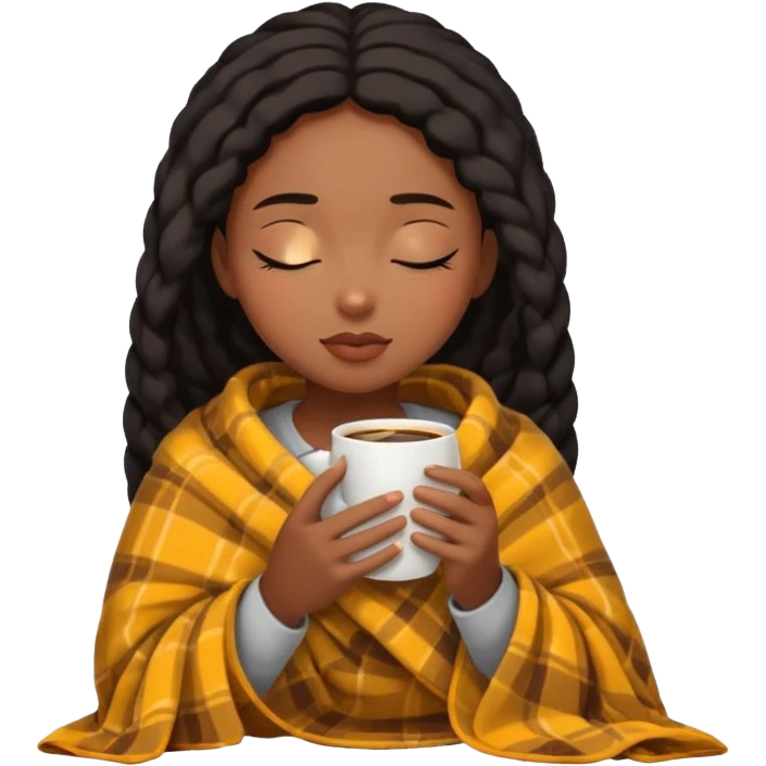 Black girl inside a blanket sipping coffee eyes closed emoji