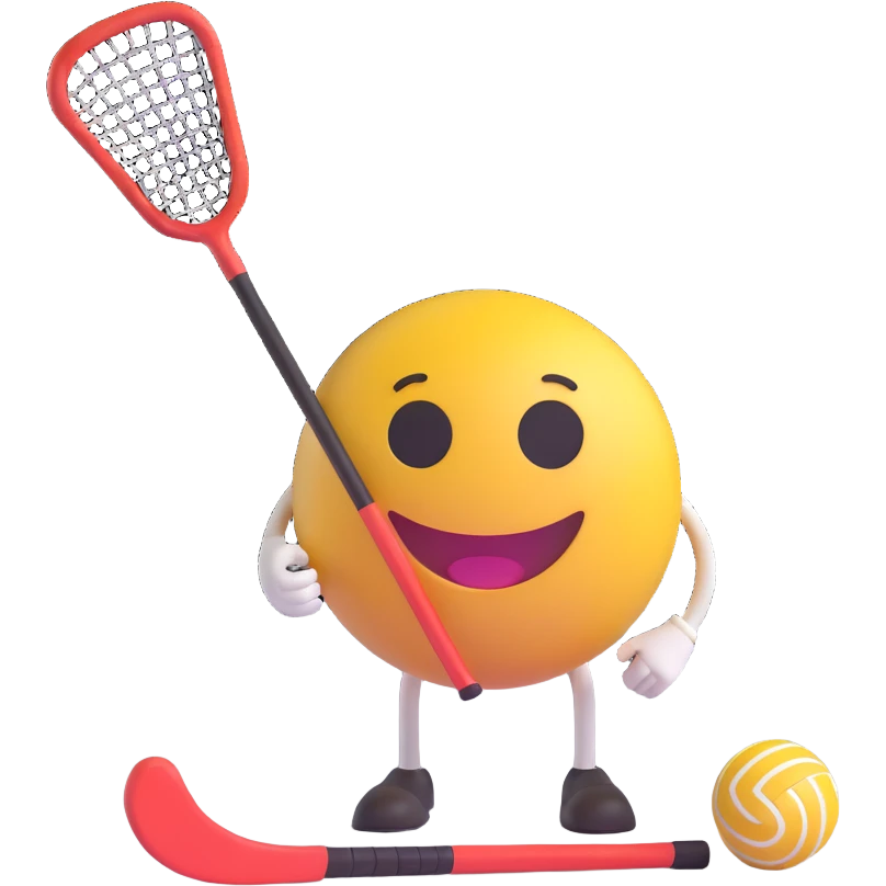 3D smiley emoji, round shape, holding floorball stick and ball, sporty face, transparent background (floorball) emoji