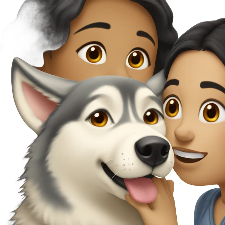 A golden beige Husky next to him a girl with black hair who kisses him on the cheek emoji