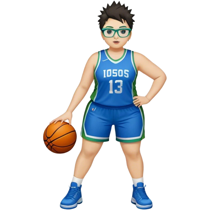 full body white plus size women basketball player with short spiky dark hair with added blond highlights wearing blue glasses wearing blue and green uniform emoji