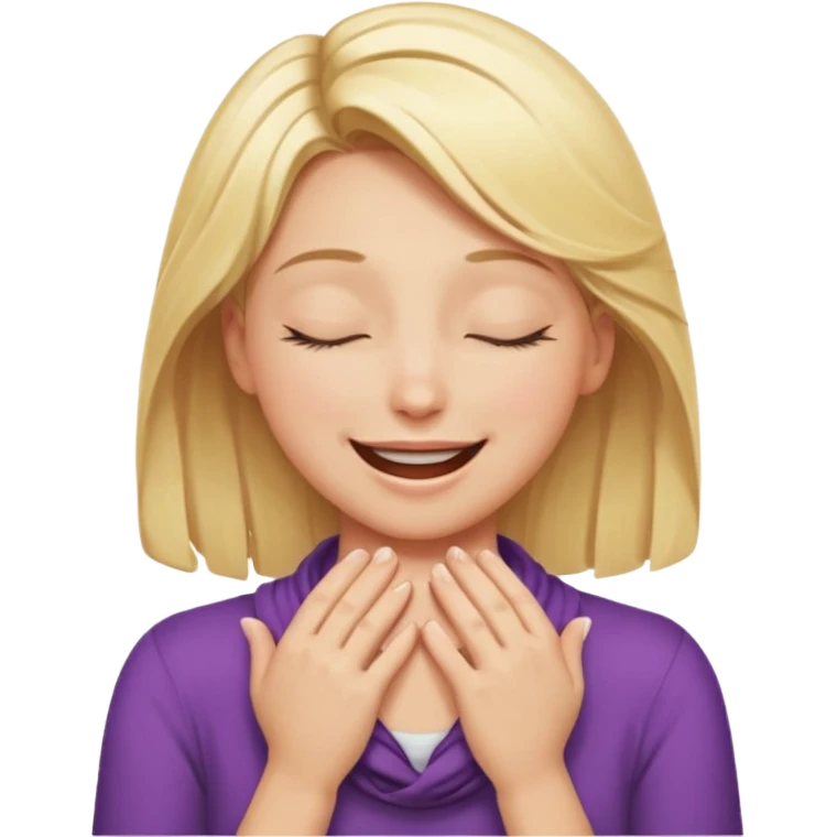 Happy blonde girl with eyes closed and mouth smiling and hands cupped around her neck - her eyes are squinty with excitment emoji
