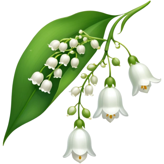 Elegant lily of the valley flower with delicate white bell-shaped blooms hanging from green stem and bright green leaves emoji