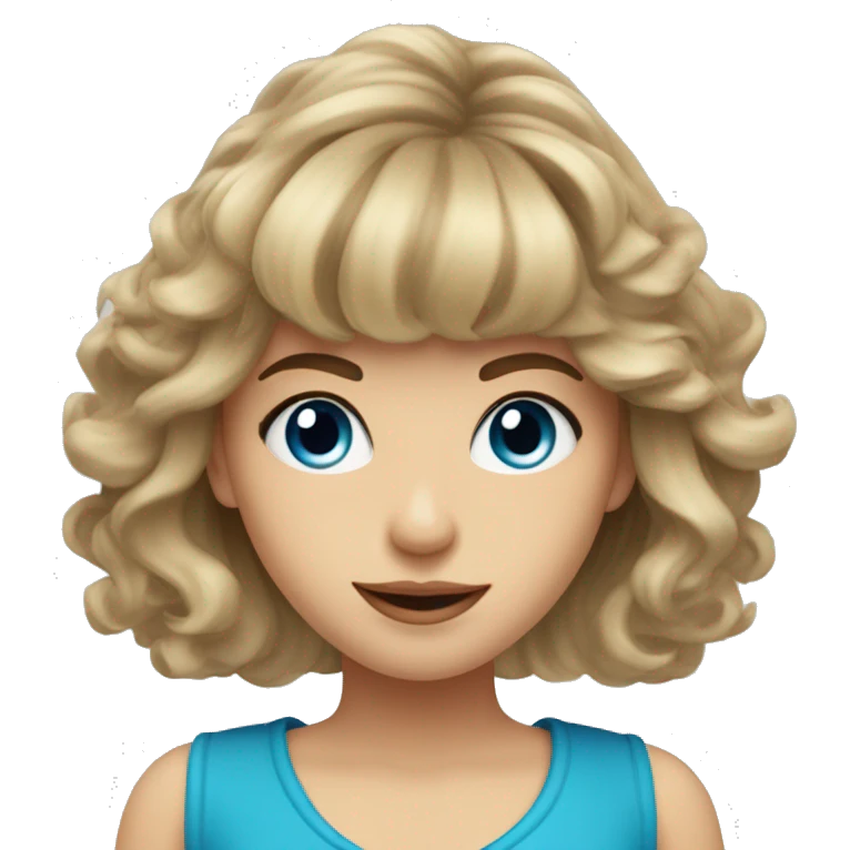 Medium length Dirty blonde voluminous hair with bangs and sides swept away from face girl with blue eyes  emoji