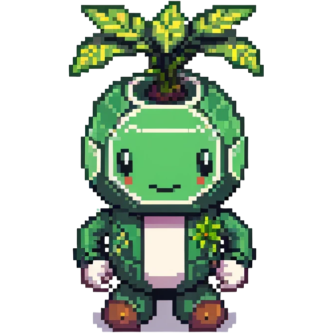Green bomberman character, nature themed design, plant-like antenna, friendly expression, cute pixel art style emoji