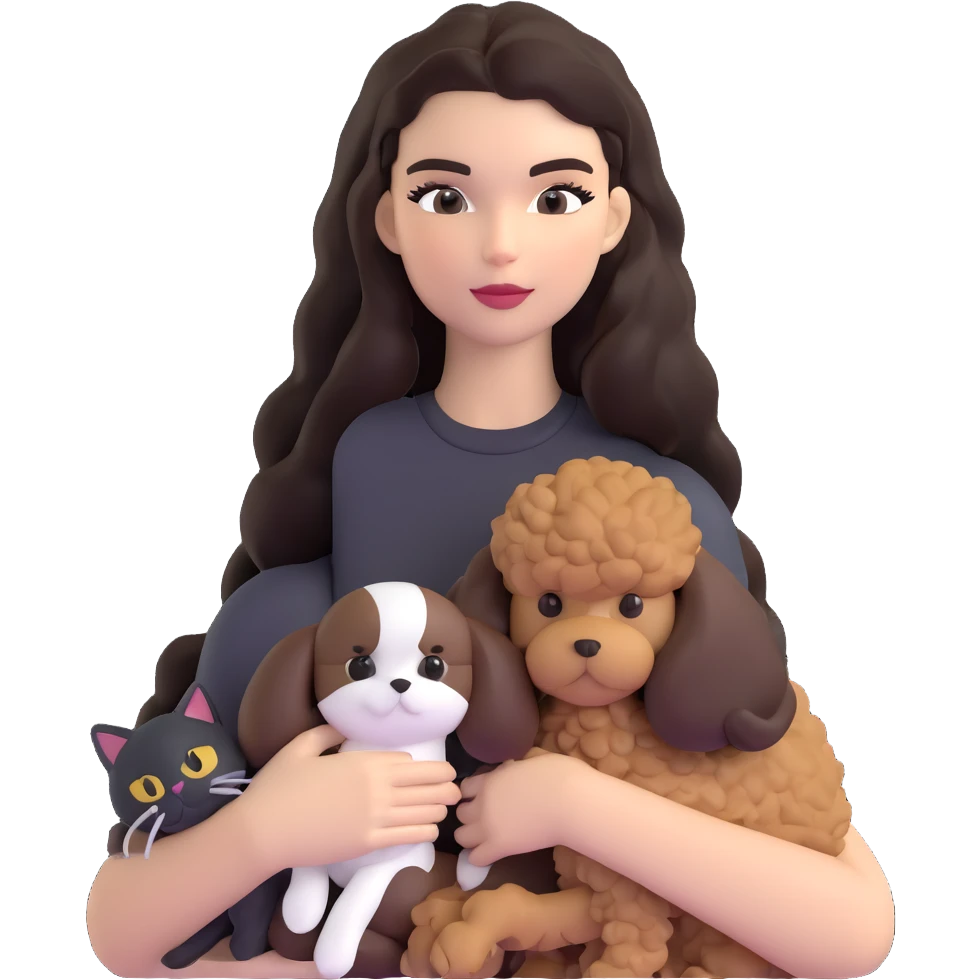 Kendall Jenner with long dark hair, holding a brown poodle and a black and white cat emoji