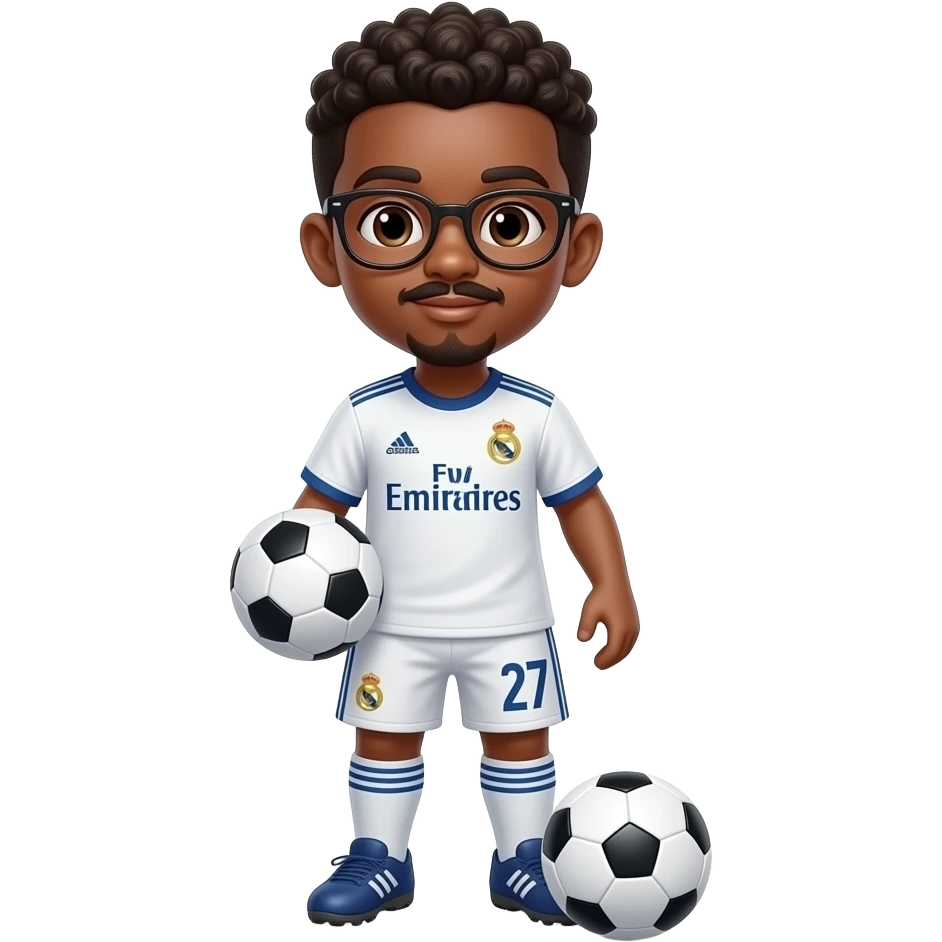 black boy with glasses playing soccer with a madrid jersey number 27 and a little mustache and a goatee emoji