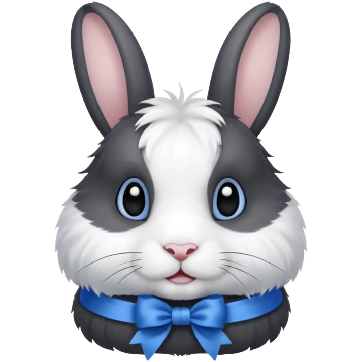 a white and black realistic domestic rabbit with a blue ribbon on its neck emoji