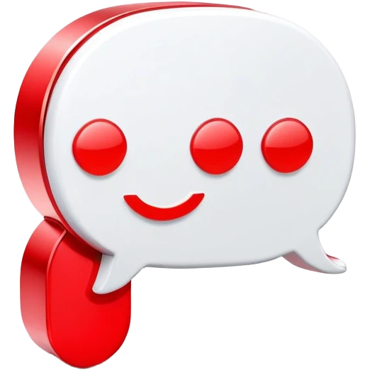 A sleek 3D icon of an AI assistant with glowing red elements, chat bubbles, and subtle YouTube play button integration, white background, modern tech style emoji