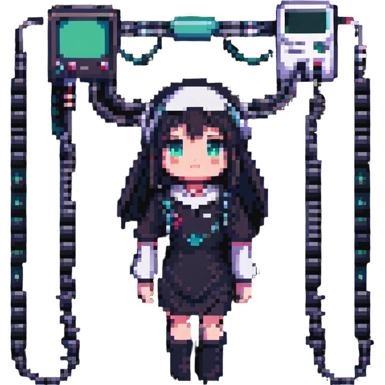 Lain from Serial Experiments Lain, with wires and technology elements, pixel art style emoji