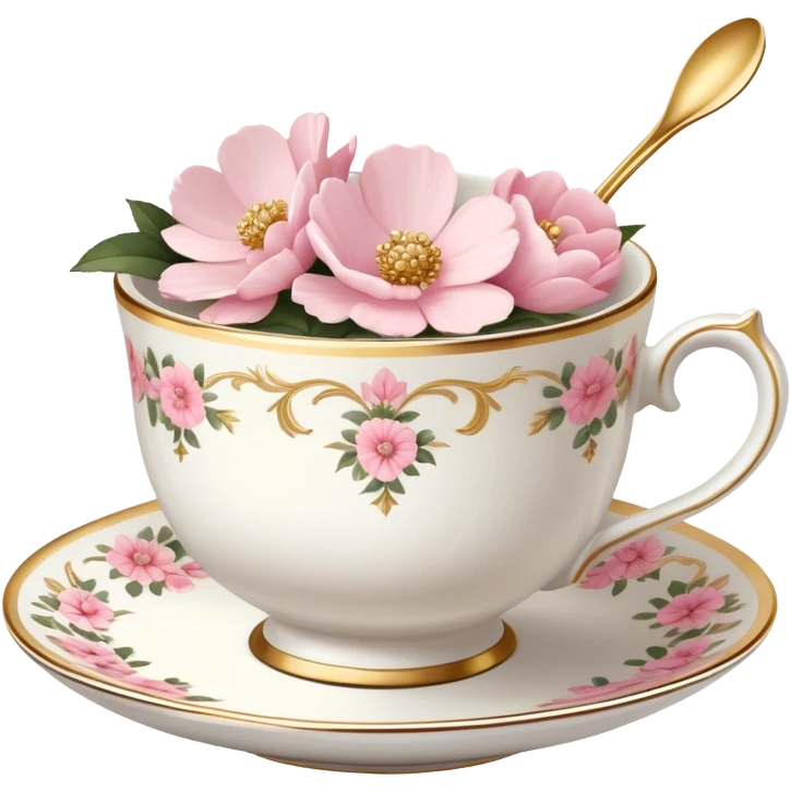White teacup with baby pink floral antique print with gold accents  emoji