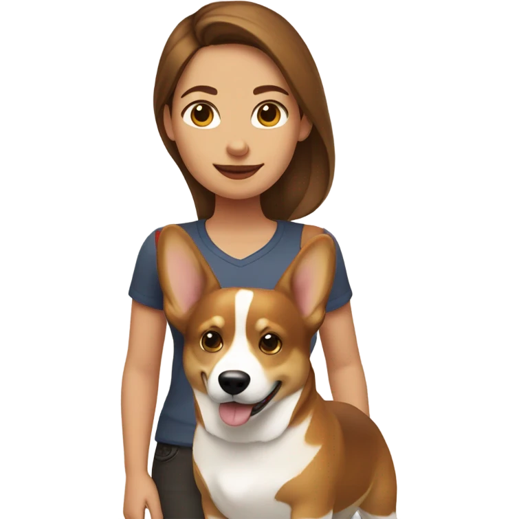 A girl with a beige skin and brown hair with her dog corgi emoji