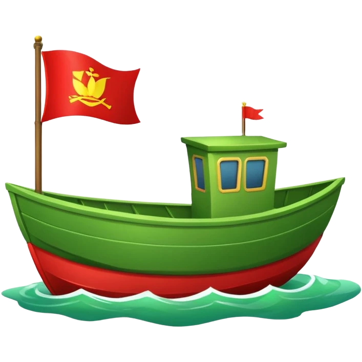 green boat in cartoon having a small place to live and a small red flag on it emoji