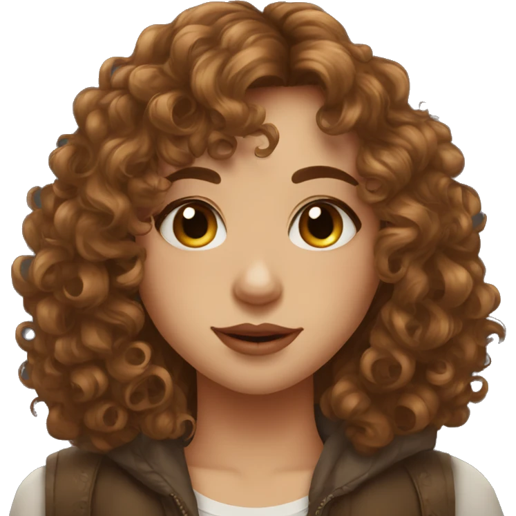 Pretty girl with shoulder length brown curly hair and bangs and a septum piercing  emoji