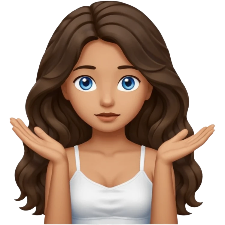 Girl with olive skin, blue eyes, brown dark insanely wavy long hair, white camisole, left hand palm up crossing arms in front of face emoji