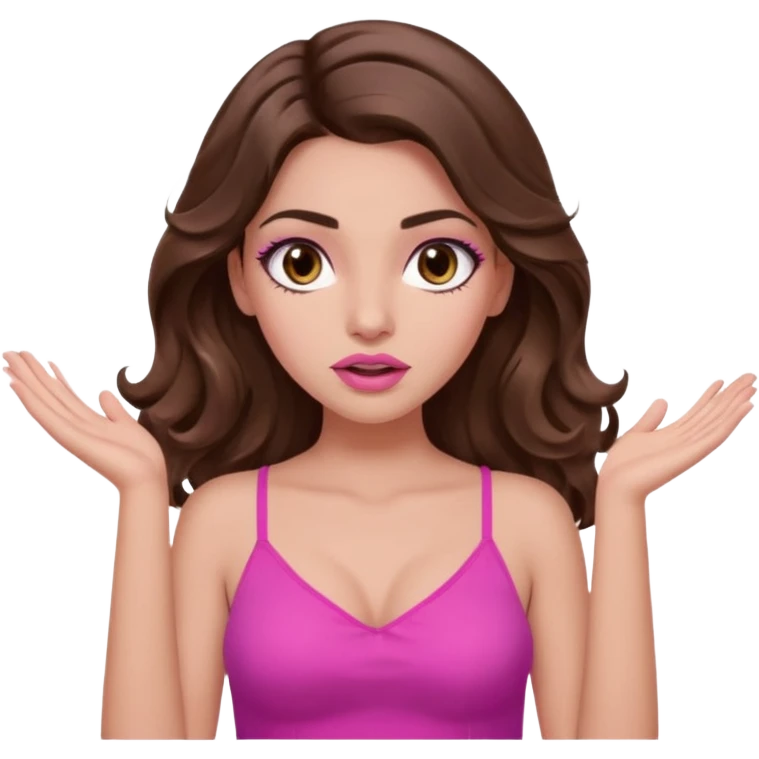 girl with long wavy brown hair, brown eyes, long lashes makeup, sexy pink lips, light to medium complexion, pink sexy top, two hands up, shrugging, confused emoji
