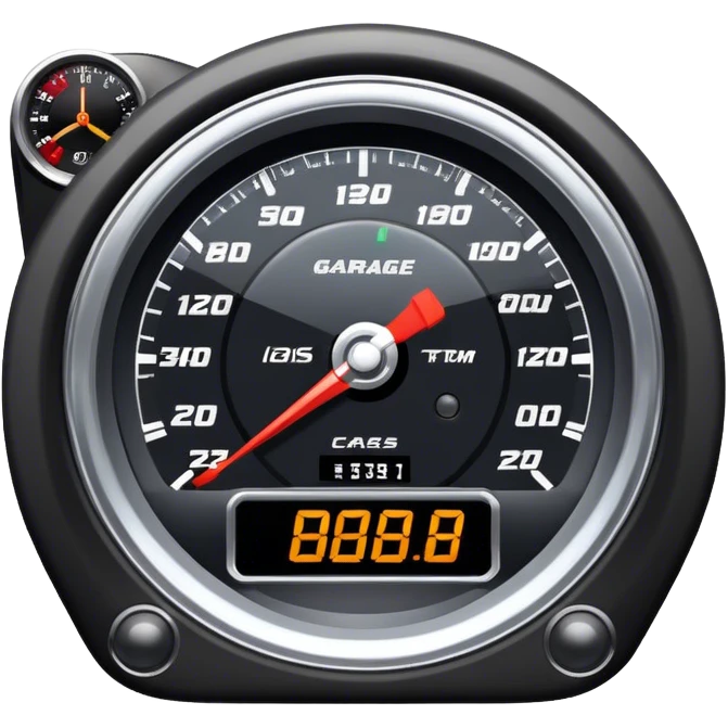 An icon showing a racing game interface, inspired by Grand Turismo. The design features a garage with a selection of high-performance cars, along with race track visuals in the background. Speedometer, lap timer, and other HUD elements add to the excitement. Transparent background emoji