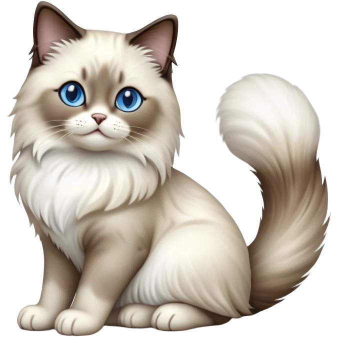Cinematic-Seal-Ragdoll-Cat-Realistic-Full-Body-Sitting-Emoji – Tail curled playfully around its paws, head tilted dramatically, fluffy brown-and-white fur with darker seal points, simplified yet realistic focused features, highly detailed, glowing with an almost sarcastic glow, piercing blue eyes radiating elegance and charm. emoji