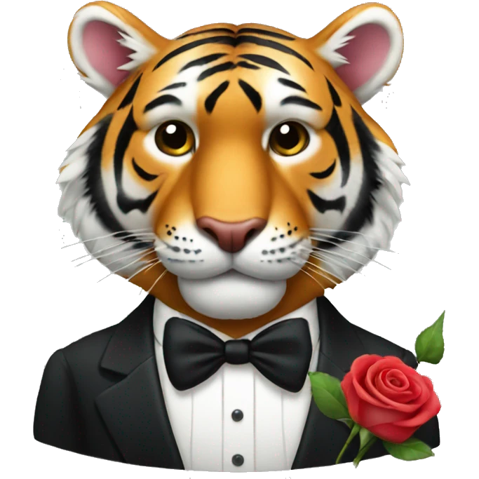 tiger with a rose in his mouth wearing a tuxedo emoji