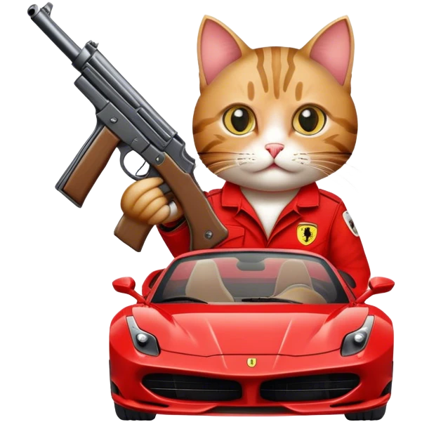 Cat holding two guns in a Ferrari emoji
