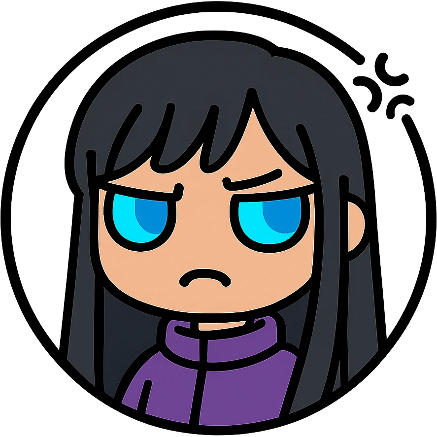 chibi cyberpunk girl with long straight black hair, large glowing neon-blue anime eyes, light peach skin, round face, small nose, soft cheeks, thin black line art, annoyed expression with small grimace and flat mouth, eyebrow raised in irritation, tiny squiggly lines near forehead, pure white background, inside a thin black circle emoji