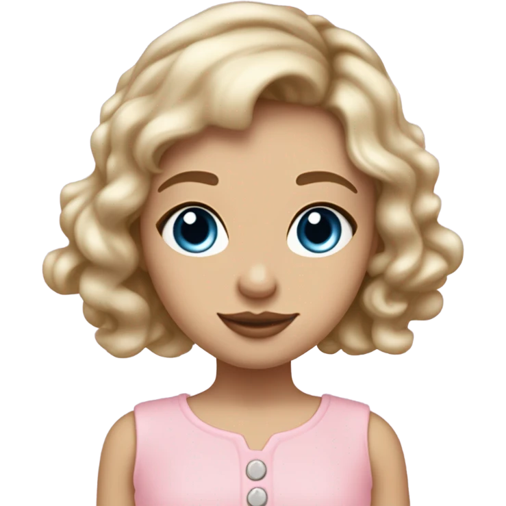 Girl with dirty blonde hair medium length past shoulders , blue/grey eyes with semi long lashes, pale but not albino, light freckles mostly on and around the nose, button nose, not thick but not thin lips with a small cupids bow shape, facing front on with shoulders and up wearing a light pink coquette  emoji