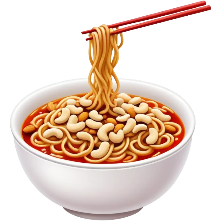 Chongqing Xiaomian spicy noodles with red oil and peanuts, simplified emoji style with bold outlines and bright colors, cartoon style Sichuan street food emoji