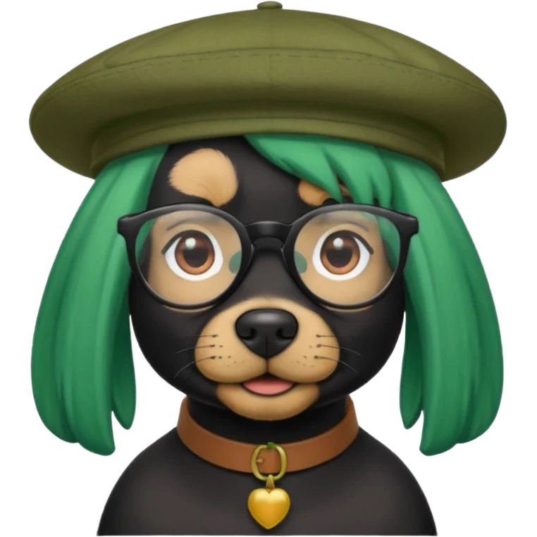 fully black dog, green haired, glassess and a hat emoji