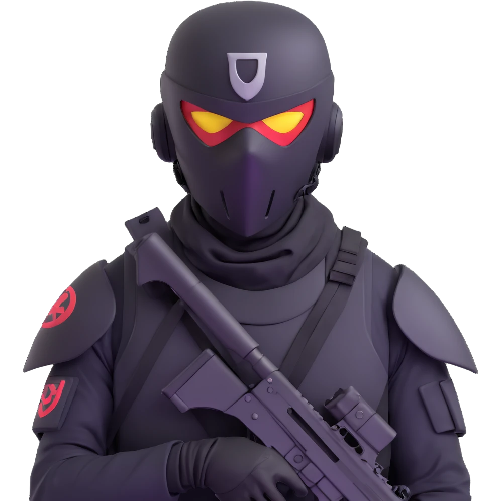armed figure in all-black military clothing, shiesty mask, helmet, dramatic lighting emoji