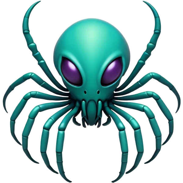 Clash of Clans aesthetic: Cinematic fierce arachnid Alien Emoji, rendered in a 3D vector-style similar to standard emojis with minimal shading and bold, simplified shapes. A compact, isometric, otherworldly creature with insectoid, organic details and subtle, eerie tentacles, softly glowing with a sinister alien charm. Simplified yet unmistakably iconic, highly detailed and consistent, glowing with a soft, spectral radiance and high shine. Stylized with a touch of bio-engineered mischief and a soft glowing outline, capturing the essence of a fearsome extraterrestrial menace with a playful twist! emoji