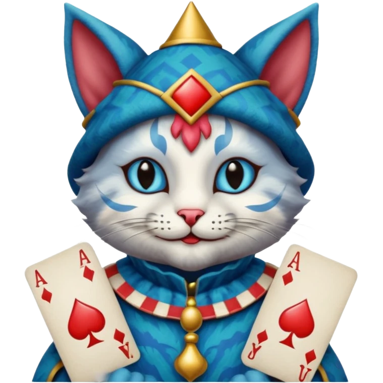 crazy colorful cute little cat jolly joker from poker, medieval, vintage, court jester, mac os icon, blue color, holds poker cards emoji