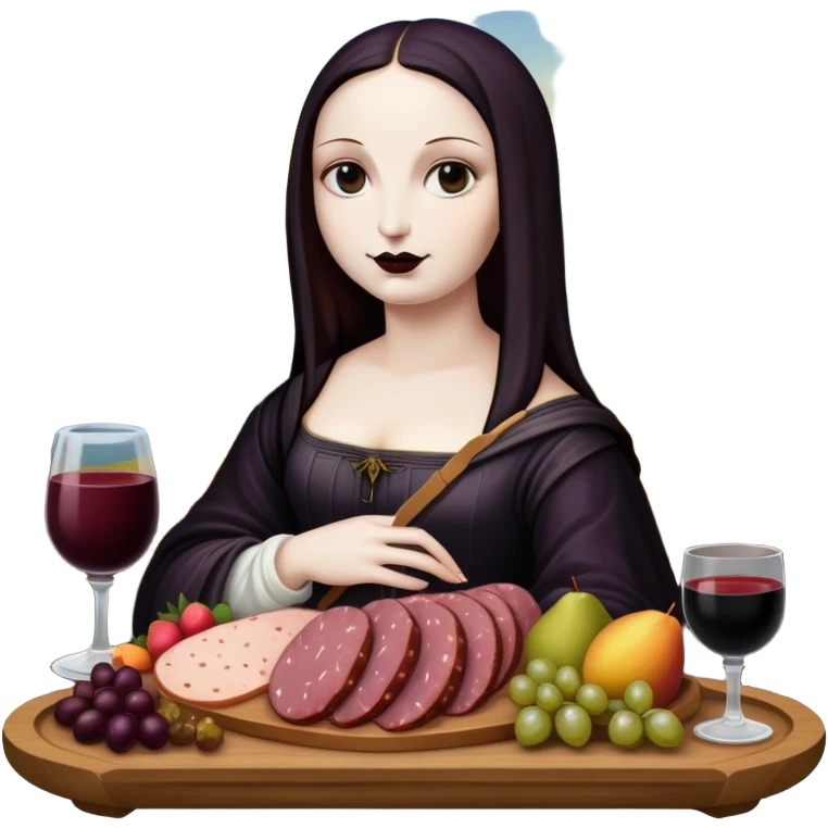  goth mona lisa with SPAM MEAT charcuterie and fruit tray renaissance landscape emoji