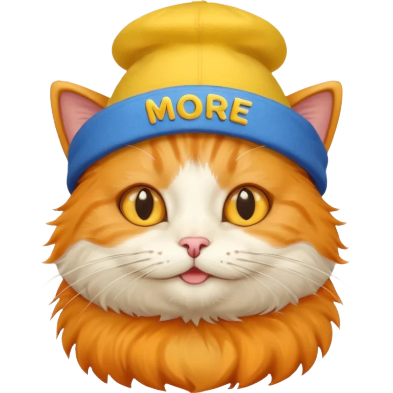 Make cat wearing cute hat that are yellow and has blue text that says More food!!! emoji