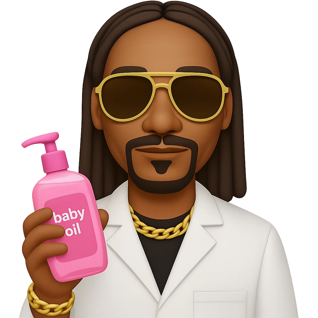 Change the baby oil bottle to pink, Snoop Dogg with sunglasses holding it, in emoji style with no background. emoji