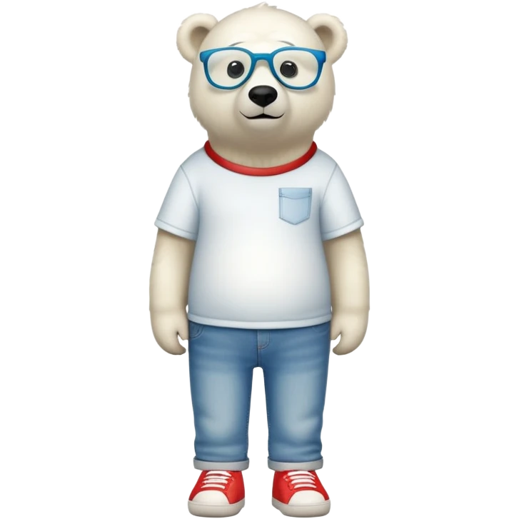 friendly anthropomorphised polar bear standing upright, looking relaxed, wearing a shirt, jeans, trainers, oversized multicolored extravagant glasses emoji