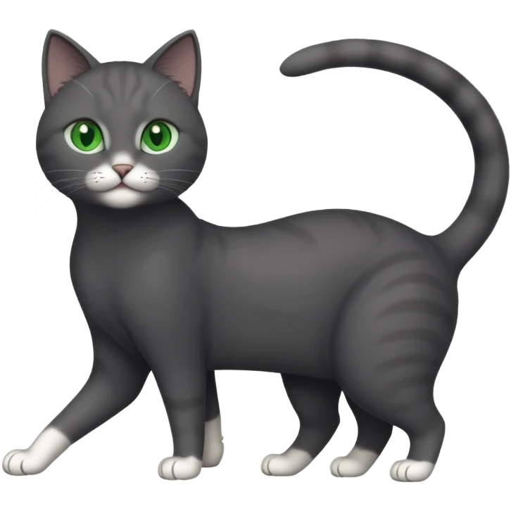 full body gorgeous solid dark grey cat with green eyes, white paws and white whiskers stretching emoji