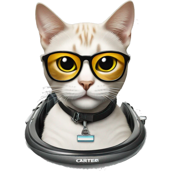 Cat wearing cartier frames while driving a jetski on concrete emoji