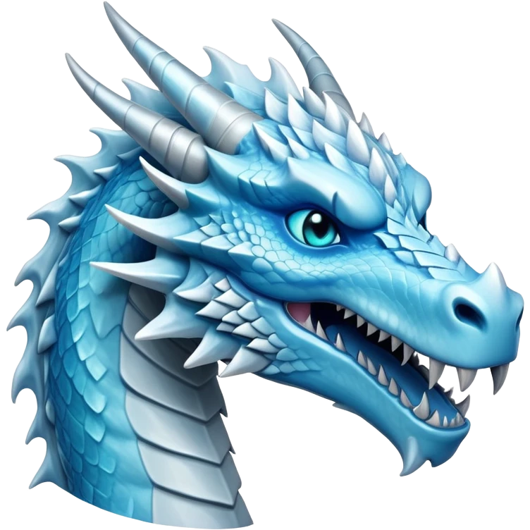 Cinematic Noble Fierce Ice Dragon Portrait Emoji, Poised and imposing, with a muscular, long elegant snout, scaled body shimmering in glacial hues of icy blue, frostbitten silver, and crystalline white, breathing out frost, with piercing, glowing eyes that radiate the chilling depths of an arctic storm; rendered in detail. emoji